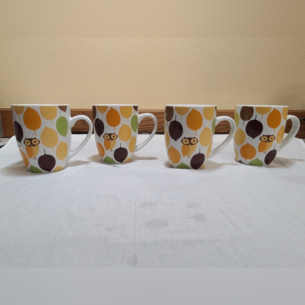 Rachael Ray "Little Hoot" Owl & Multicolor Leaf Design Mugs ~ Set of 4